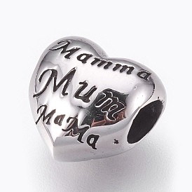 316 Surgical Stainless Steel European Beads, Large Hole Beads, Heart with Word Mum