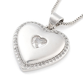 Brass Micro Pave Clear Cubic Zirconia Pendant Necklaces,  Box Chains, Heart