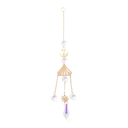 Hanging Crystal Aurora Wind Chimes, with Prismatic Pendant and Moon-shaped Iron Link, for Home Window Chandelier Decoration