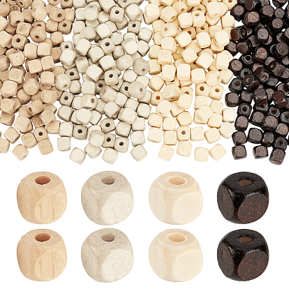 400Pcs 4 Colors Natural Wood Beads, Cube, Lead Free