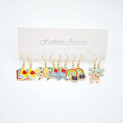 5 Pairs Back to School Alloy Enamel Dangle Earrings, Stationery, Golden