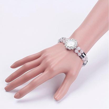 Natural & Synthetic Mixed Stone Bracelets Watches, with Alloy Rhinestone Watch Heads Flower Watch Faces