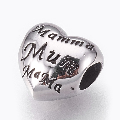 316 Surgical Stainless Steel European Beads, Large Hole Beads, Heart with Word Mum