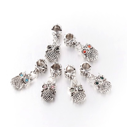 Antique Silver Tone Large Hole Alloy Rhinestone European Dangle Charms, with Owl Charms, 25mm, Hole: 5mm