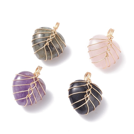 Natural & Synthetic Gemstone Pendants, with Light Gold Tone Copper Wire Wrapped, Mixed Dyed and Undyed, Heart