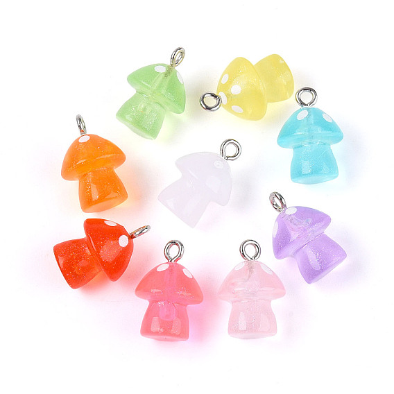 Подвески из светящейся прозрачной смолы, гриб, с платиновой железной петлей и блестящей пудрой, светится в темноте