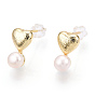 Brass Heart & Natural Pearl Stud Earrings, with 925 Sterling Silver Pins