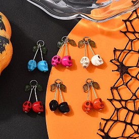 6 шт 6 цвета окрашенные синтетические бирюзовые черепа вишневые подвески, Фруктовые подвески с акриловыми листьями и 304 соединительными кольцами из нержавеющей стали, цвет нержавеющей стали