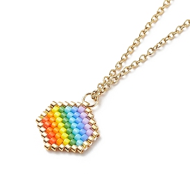Rainbow Color Japanese Seed Braided Hexagon Pendant Necklace with 304 Stainless Steel Chains for Women