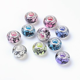 Large Hole Flower Pattern Resin European Beads, with Silver Color Plated Brass Double Cores, Rondelle, 14x9mm, Hole: 5mm
