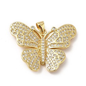 Rack Plating Brass Micro Pave Cubic Zirconia Pendants, Cadmium Free & Lead Free, Real 18K Gold Plated, Butterfly Charm
