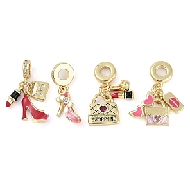 Rack Plating Brass Clear Cubic Zirconia Makeup European Dangle Charms, Enamel Large Hole Pendants, Real 18K Gold Plated, Long-Lasting Plated, Cadmium Free & Lead Free