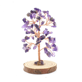 Natural Gemstone Chips Tree Decorations, Wood Base with Copper Wire Feng Shui Energy Stone Gift for Home Office Desktop Decoration