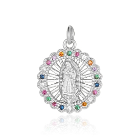 Virgin Mary Theme Brass Micro Pave Cubic Zirconia Pendants, Flat Round