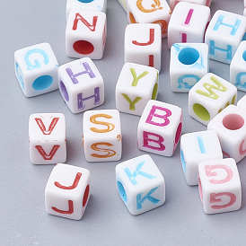 Craft Style Acrylic Beads, Horizontal Hole, Cube with Initial Letter