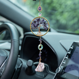 Natural Amethyst Chips Tree of Life Pendant Decorations, with Brass Finding, for Car Hanging Ornaments