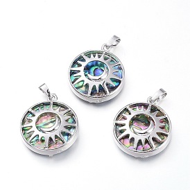 Подвески из натурального ушка / ракушки, с латунной фурнитурой , плоский круг с луной и солнцем