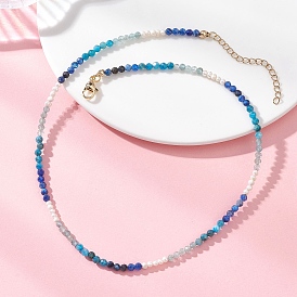 Ожерелье из граненых круглых натуральных камней смешанного состава и натурального жемчуга с цепочками из нержавеющей стали диаметром 3.5 мм., золотые