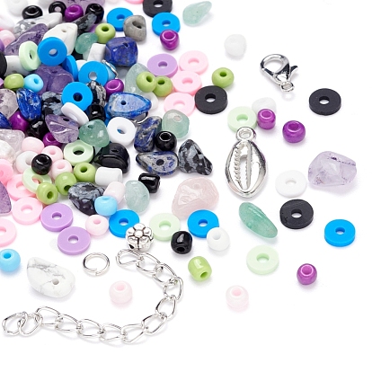 Mixed Stone & Glass Seed & Polymer Clay Beads DIY Jewelry Set Making Kit, with Iron Findings, Alloy Clasps & Beads, CCB Plastic Pendants, Elastic Thread