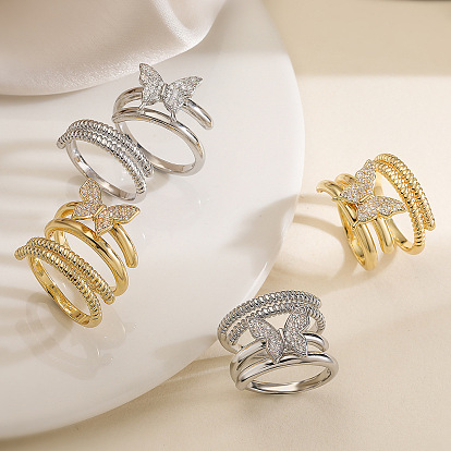 2шт. латунные кольца-манжеты с микропаве из кубического циркония, многорядные кольца для женщин, бабочка