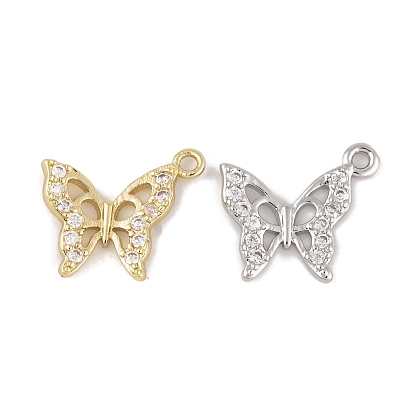 Brass Micro Pave Clear Cubic Zirconia Pendants, Cadmium Free & Nickel Free & Lead Free, Long-Lasting Plated, Butterfly Charms