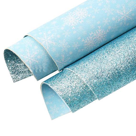 Christmas Double-Faced Imitation Leather Fabric Sheets, Glitter Powder, for DIY Crafts, Snowflake Pattern