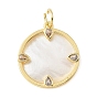 Brass Micro Pave Clear Cubic Zirconia & Natural White Shell Pendants, Flat Round Charms, Rack Plating, Long-Lasting Plated, Cadmium Free & Lead Free