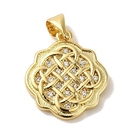 Rack Plating Brass Micro Pave Clear Cubic Zirconia Pendants, Cadmium Free & Lead Free, Long-Lasting Plated, Flower with Knot