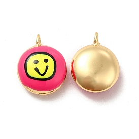 Brass Enamel Charms, Real 18K Gold Plated, Long-Lasting Plated, Flat Round with Smiling Face
