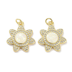 Brass Micro Pave Clear Cubic Zirconia Pendants, with Synthetic Opal and Jump Rings, Real 18K Gold Plated, Flower Charms