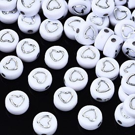 Opaque White Acrylic Beads, Flat Round with Silver Heart