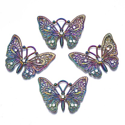 Rack Plating Rainbow Color Alloy Pendants, with Crystal Rhinestone, Cadmium Free & Nickel Free & Lead Free, Butterfly
