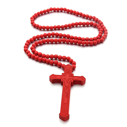 Wood Cross Pendant Necklace with Round Beaded Chains for Men Women