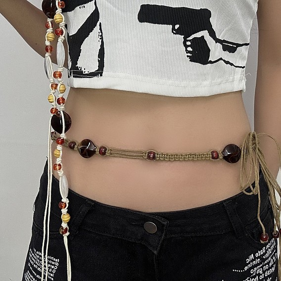 Женские пояса-обертки из вощеного шнура в богемном этническом стиле с бусинами из смолы и дерева