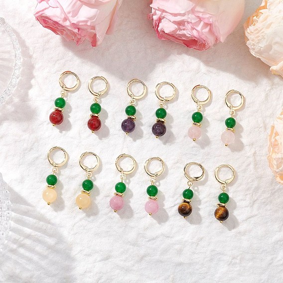 6 пары серег-колец из натурального и окрашенного малайзийского нефрита, круглые, с натуральным кварцем, природного розового кварца, Природный аметист, естественный желтый нефрит, натуральный сердолик и натуральный тигровый глаз класса ab