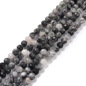 Natural Tourmalinated Quartz/Black Rutilated Quartz Beads Strands, Faceted, Round