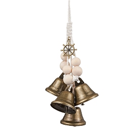 Iron Bell Pendant Decoration, Alloy Helm & Wood Beads and Jute Cord for Home Door Hanging Ornaments