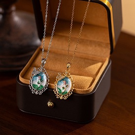 201 Женское ожерелье с подвеской в виде овала из нержавеющей стали с эмалью и стразами в форме бабочки