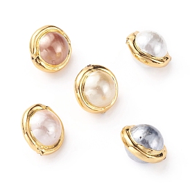Perles nacrées de coquilles, avec bord en laiton plaqué or, ronde