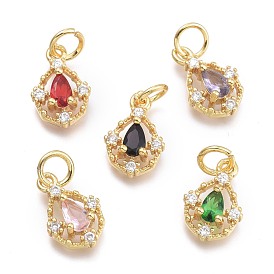 Brass Micro Pave Cubic Zirconia Pendants, with Jump Ring, Teardrop, Real 18K Gold Plated