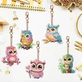 5Pcs DIY Diamond Painting Owl Keychain Kits, Including Resin Rhinestones, Pen, Tray & Glue Clay