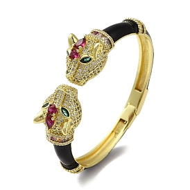 Brass Pave Colorful Cubic Zirconia Leopard Open Cuff Bangle for Women, with Black Enamel