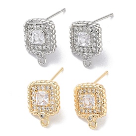 Brass Micro Pave Cubic Zirconia Stud Earring Findings, Square