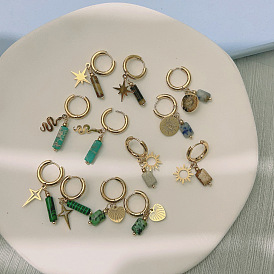 Vintage French Style Gold-Plated Hoop Earrings, with Synthetic Turquoise Pendants, Golden