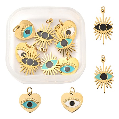 8Pcs 4 Style 316 Surgical Stainless Steel Enamel Pendants, with Jump Rings, Golden, Evil Eye & Heart with Evil Eye