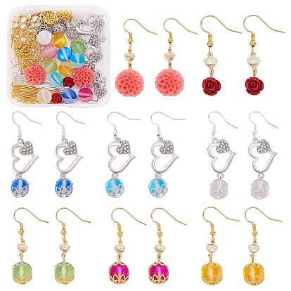 Kit de fabrication de boucles d'oreilles en forme de cœur, y compris les liens en alliage de strass, perles synthétiques de corail et de pierre de lune, épingles de fer et anneaux de saut, crochets de boucle d'oreille en laiton et bouchons de perles et liens
