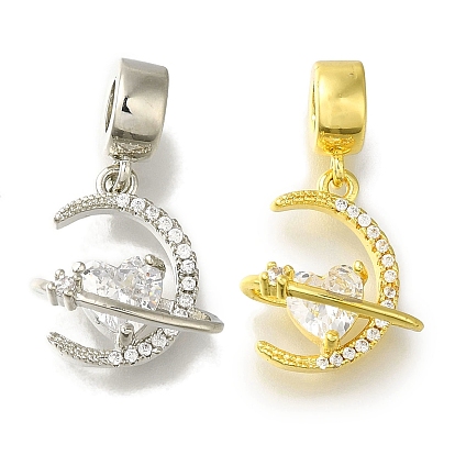 Стеллажное покрытие латунь проложить прозрачный кубический цирконий европейские подвески с подвесками, Подвески в виде луны и сердца с большими отверстиями, без свинца и без кадмия, долговечный