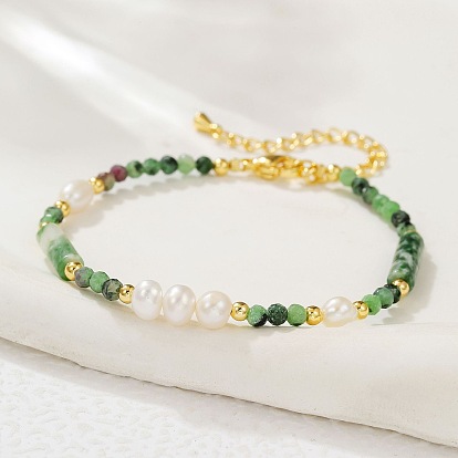 Faceted Round Natural Ruby in Zoisite & Column Green Spot Jasper & Freshwater Pearl Beaded Bracelets for Women