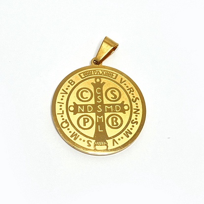 Trendy Necklace Findings Flat Round with San Benito 304 Stainless Steel Pendants, 33x30x1.5mm, Hole: 6x4mm