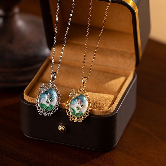 201 Женское ожерелье с подвеской в виде овала из нержавеющей стали с эмалью и стразами в форме бабочки